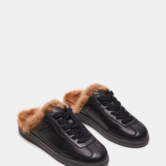 Steve Madden Shoes - Steve Madden - NWOT Talon Black Leather Brown Faux Fur Trim Mule Sneaker SZ 6.5